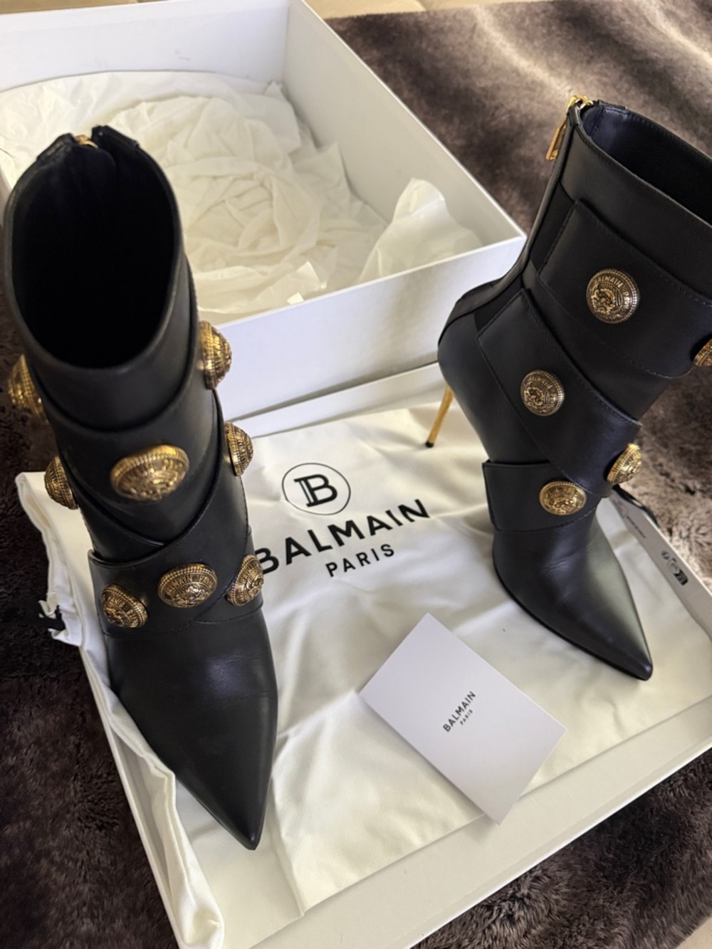 Balmain Black Leather Pointed Stiletto Ankle Boots with Gold Medallions